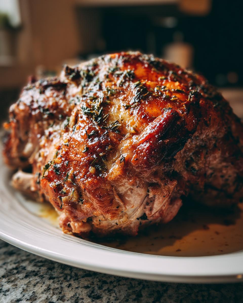A golden brown, glistening Garlic Butter Roasted Turkey Breast seasoned with herbs, served on a white plate.