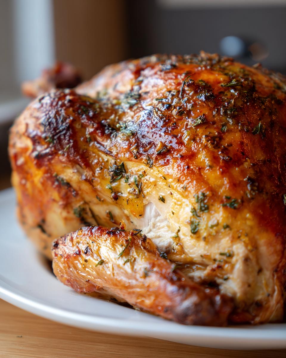 Close-up of a golden-brown Garlic Butter Roasted Turkey Breast, glistening and seasoned with herbs.