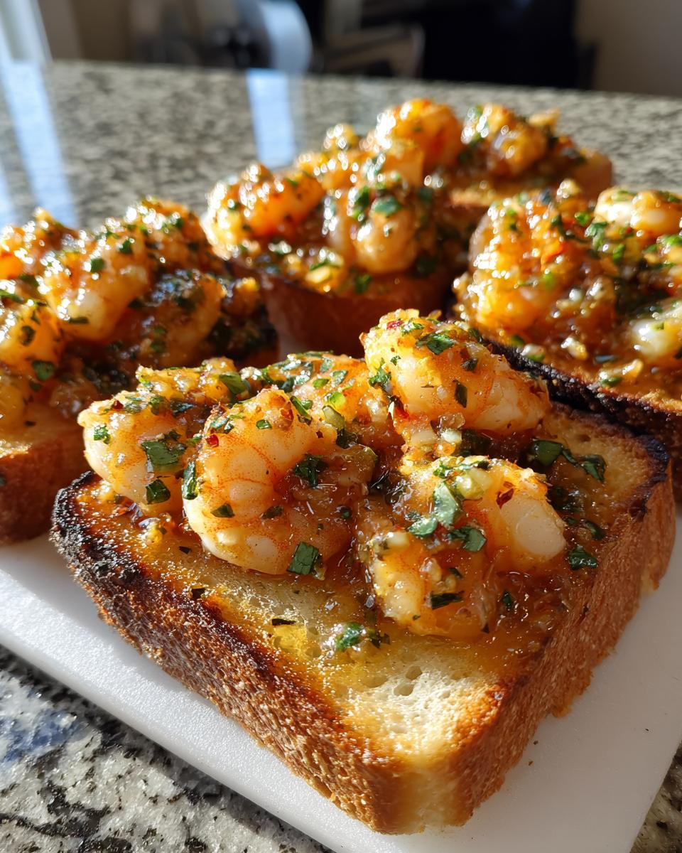 Close-up of Garlic Butter Shrimp Toasts, featuring toasted bread topped with succulent shrimp in a glossy garlic butter sauce and fresh herbs.