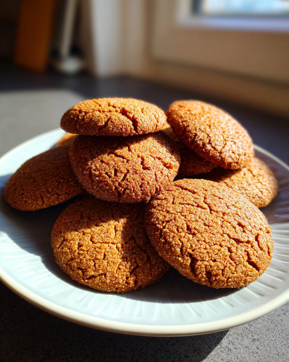 A close-up of a stack of delicious Gingerbread Cookies on a light blue plate, bathed in natural light.
