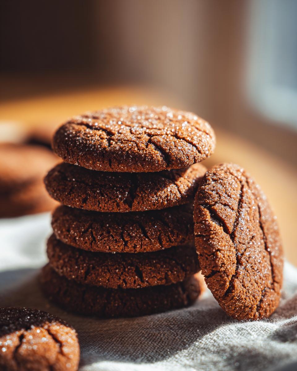 A close-up of a stack of five chewy Gingerbread Cookies, dusted with sugar, with one cookie leaning against the stack.