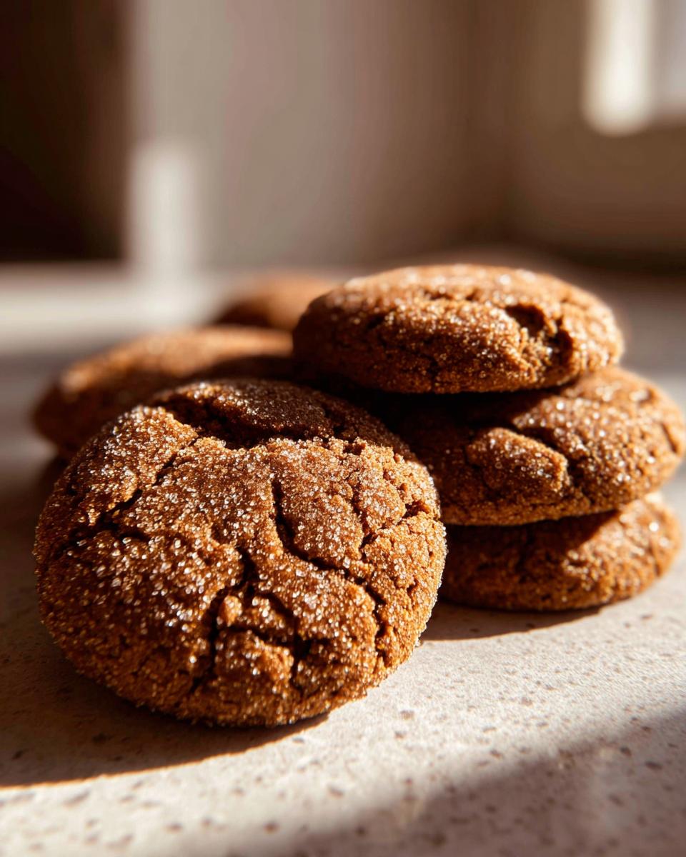 A close-up of several soft, chewy Gingerbread Cookies coated in sparkling sugar.