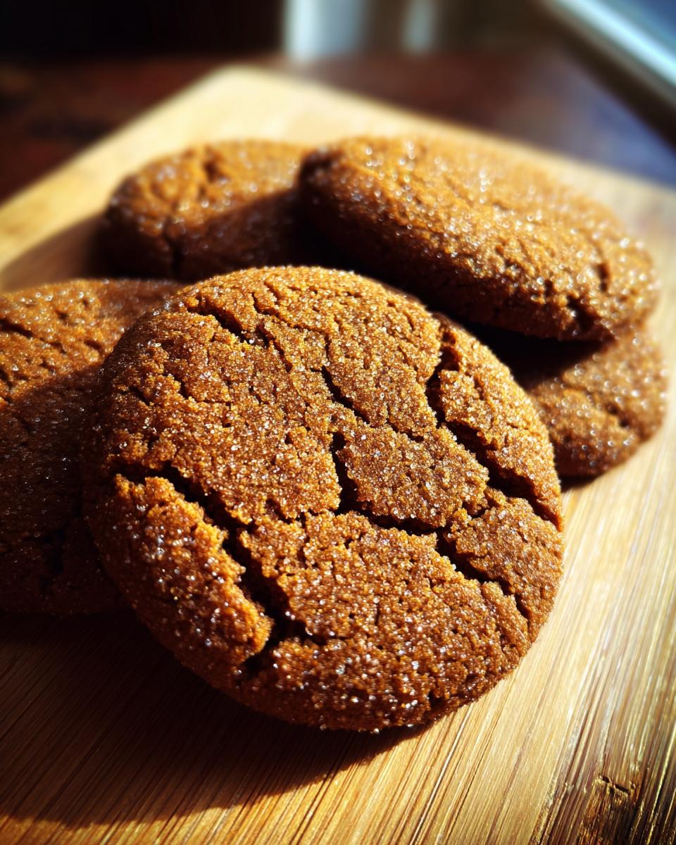 Close-up of several freshly baked Gingerbread Cookies, coated in sugar, on a wooden surface.