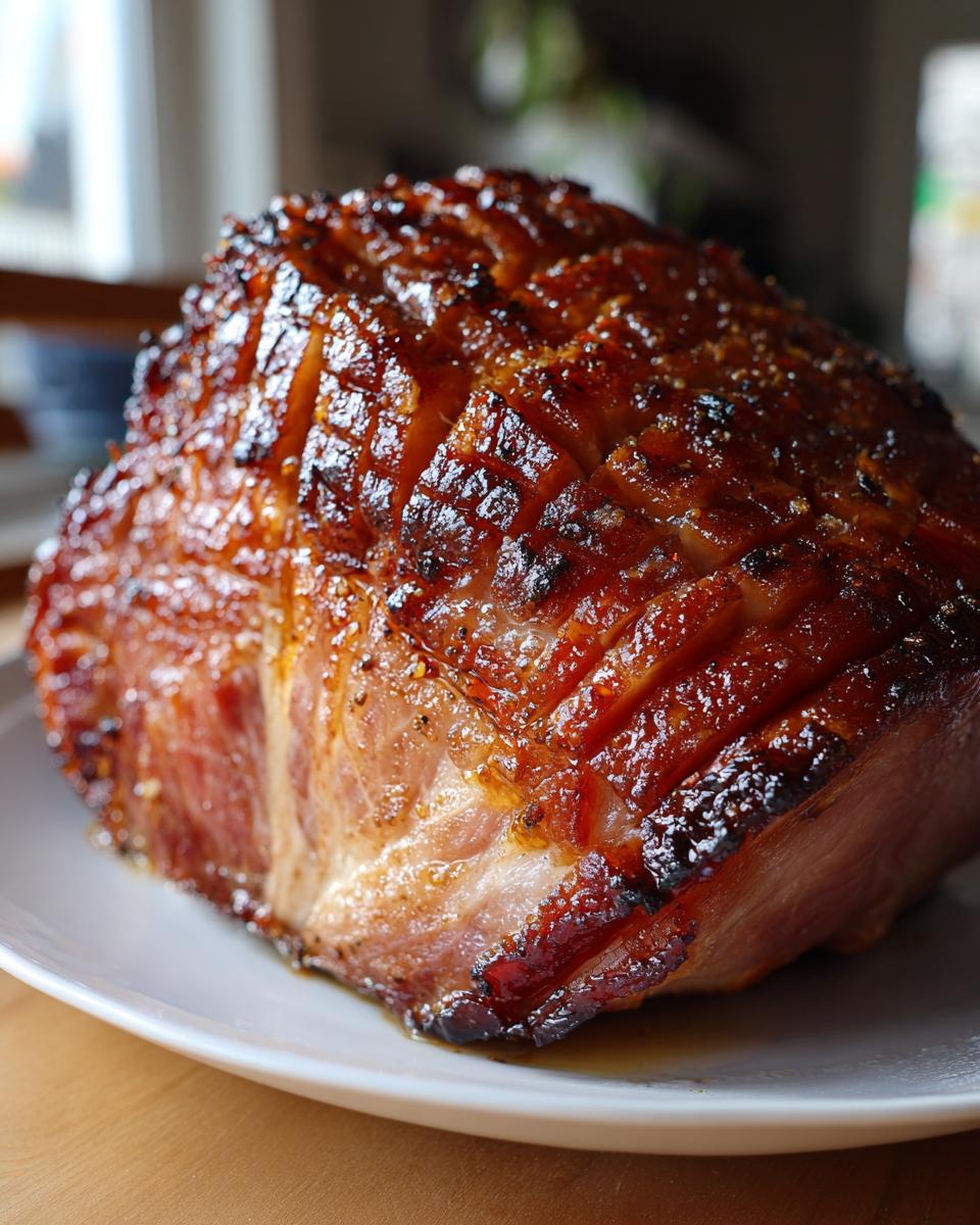 Close-up of a perfectly cooked glazed ham with diamond score marks, glistening with a rich glaze.