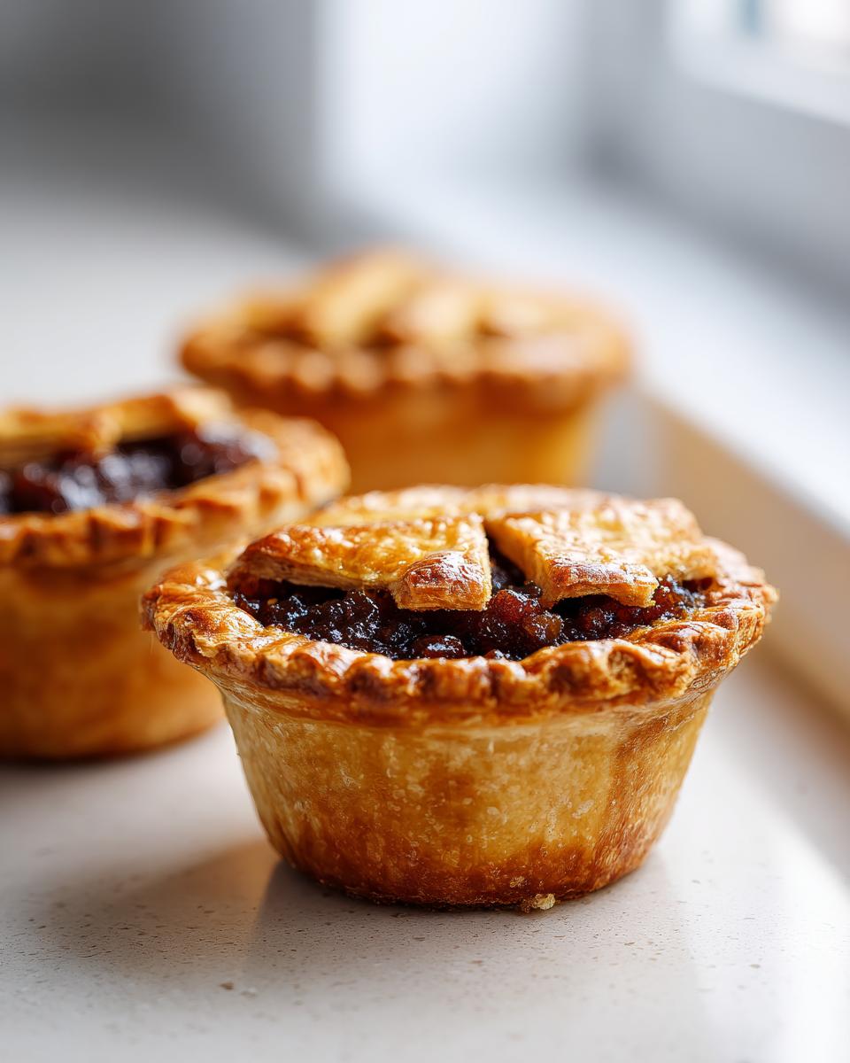Close-up of golden-brown mince pies with lattice tops, filled with dark fruit mince.