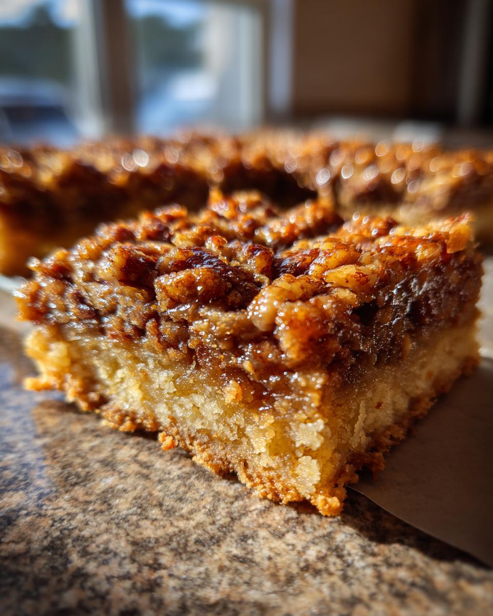 A close-up, angled view of a gooey pecan pie bar, showcasing its rich, caramelized pecan topping and buttery crust.