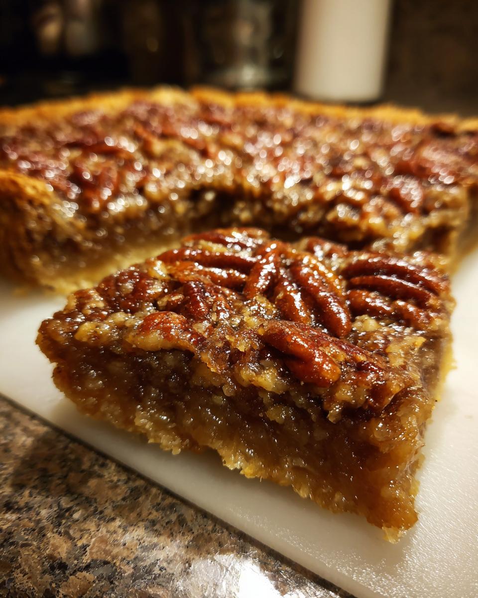 A close-up of a delicious slice of Gooey Pecan Pie Bars, showcasing the rich filling and pecan topping.