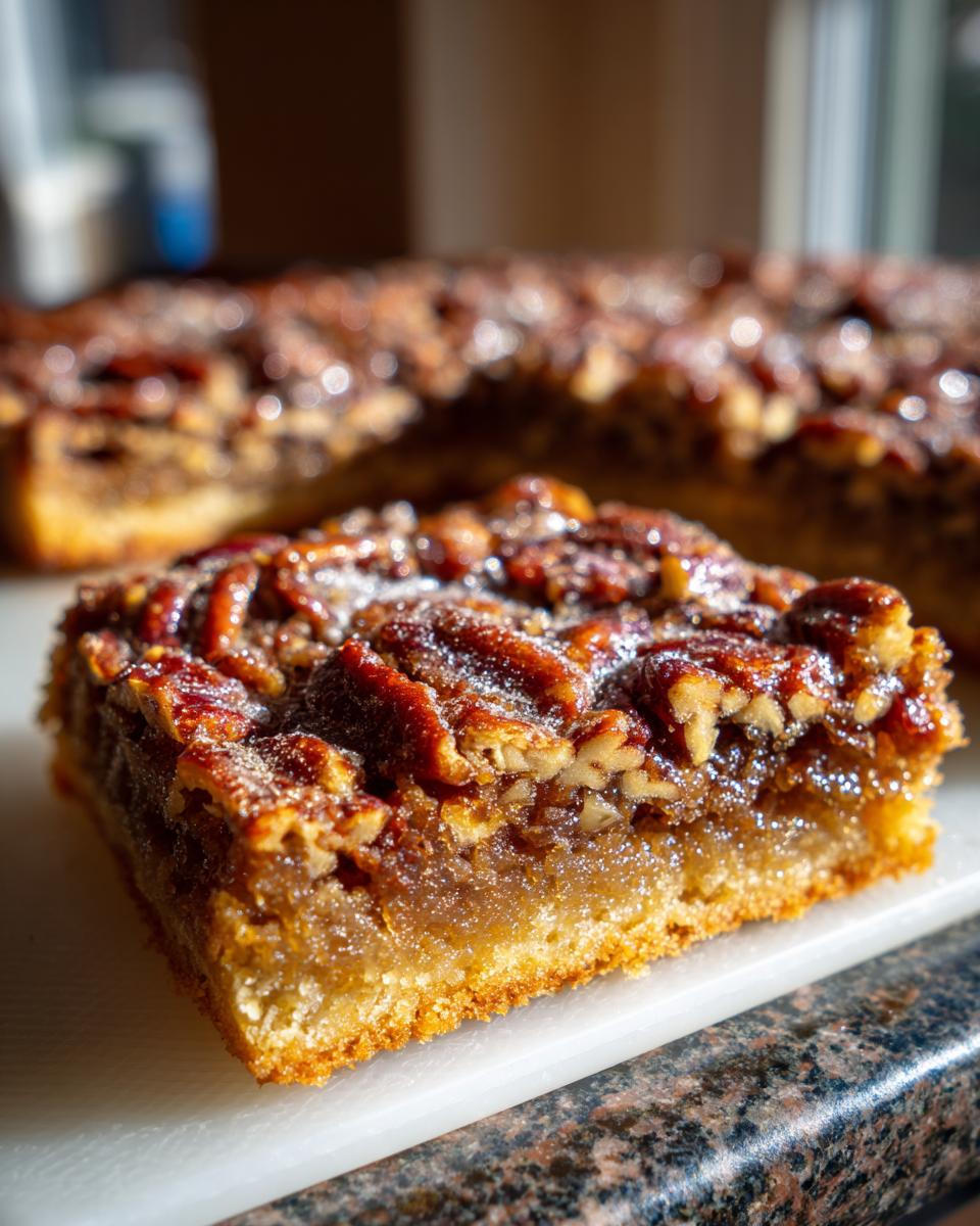 A close-up of a gooey pecan pie bar, showcasing the rich caramel filling and crunchy pecans on a golden crust.