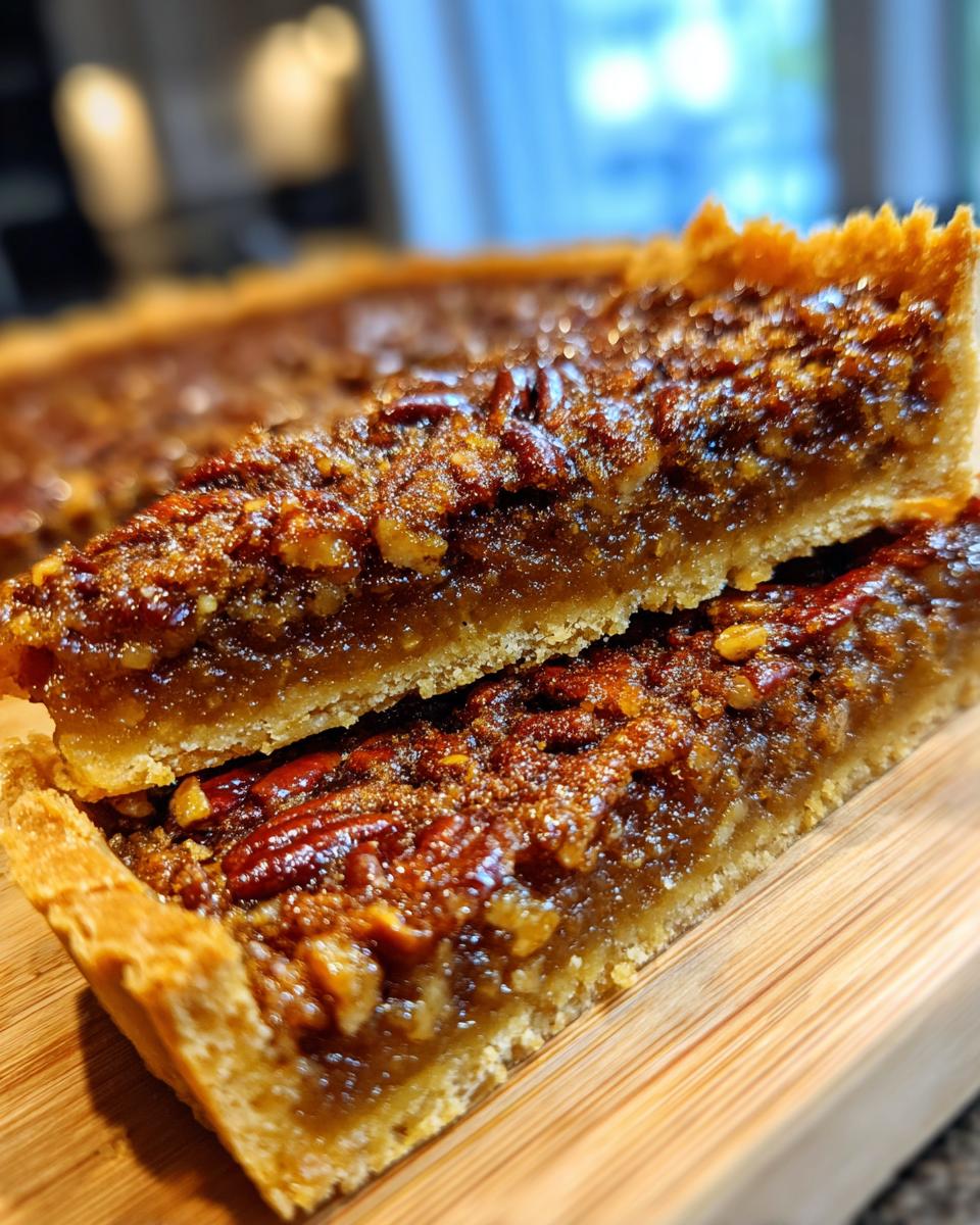 Close-up of two slices of Gooey Pecan Pie Bars stacked on a wooden board, showcasing the rich filling and pecans.