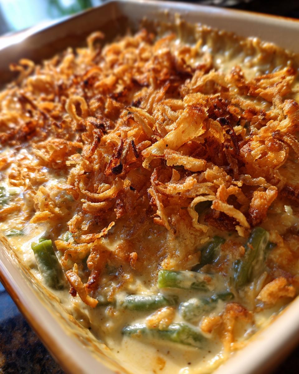 A close-up of a baked Green Bean Casserole with Crispy Onions, showing creamy sauce and tender green beans.