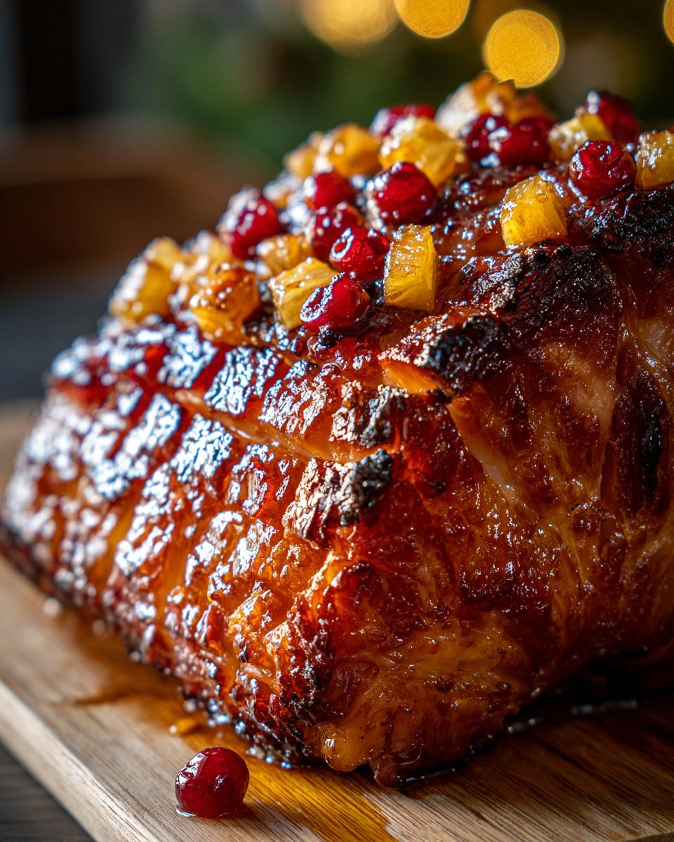 Close-up of a glistening Holiday Glazed Ham with Pineapple and Brown Sugar, topped with cranberries and pineapple chunks.