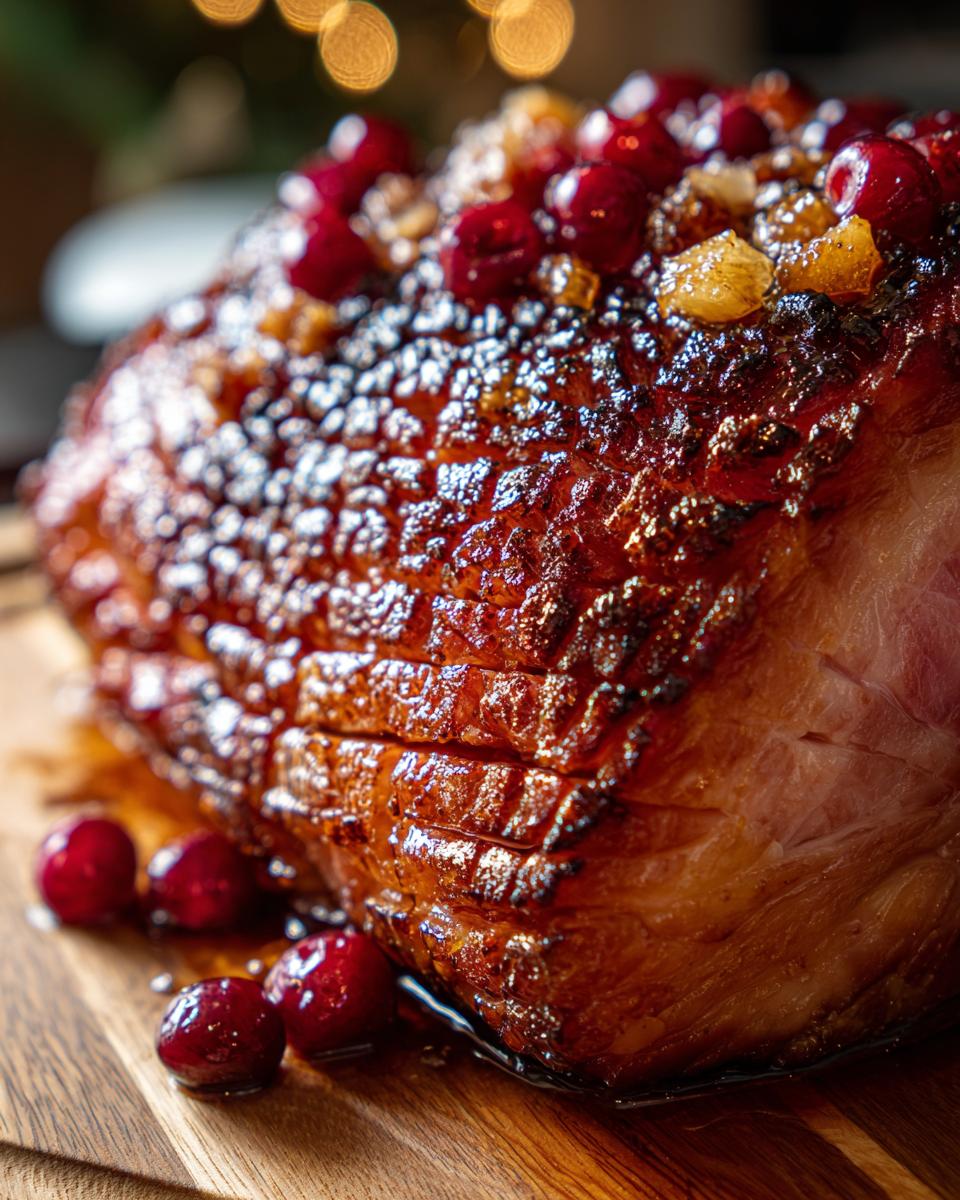 Close-up of a Holiday Glazed Ham with Pineapple and Brown Sugar, topped with cranberries and glistening with glaze.