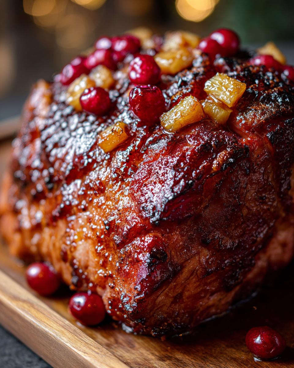 Close-up of a glistening Holiday Glazed Ham with Pineapple and Brown Sugar, topped with cranberries.