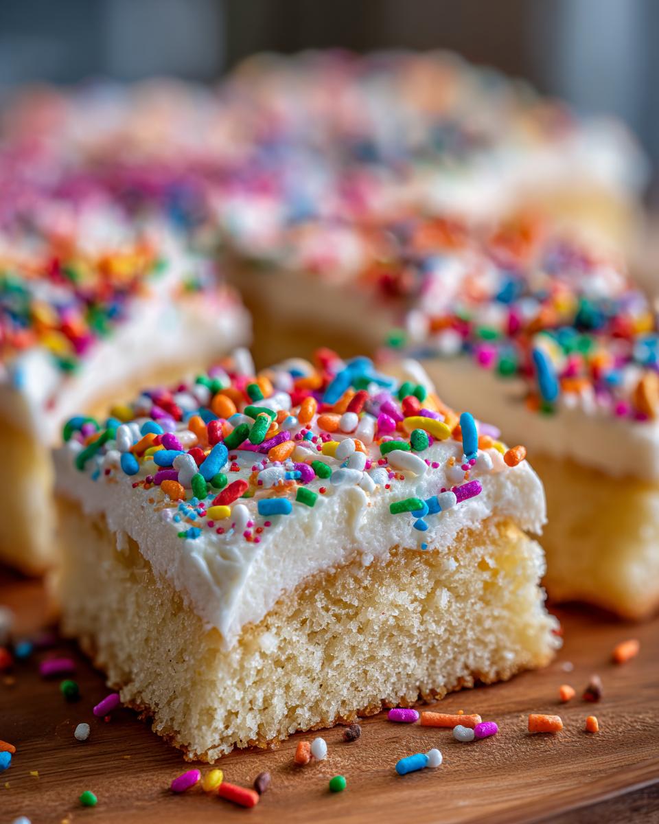 A close-up of a slice of Holiday Sugar Cookie Bars with Sprinkles, topped with white frosting and colorful sprinkles.