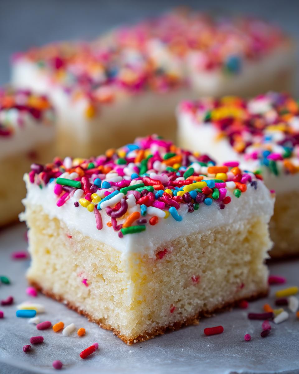 A festive slice of Holiday Sugar Cookie Bars with Sprinkles, showcasing a fluffy cookie base and creamy frosting.