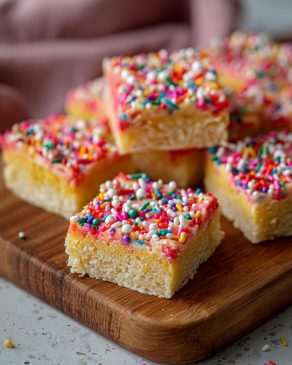 Close-up of Holiday Sugar Cookie Bars with Sprinkles on a wooden board.
