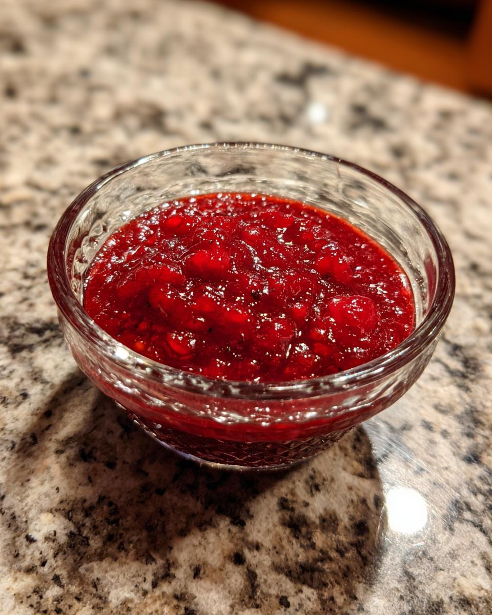 A close-up of vibrant, homemade Cranberry Sauce served in a clear glass bowl.