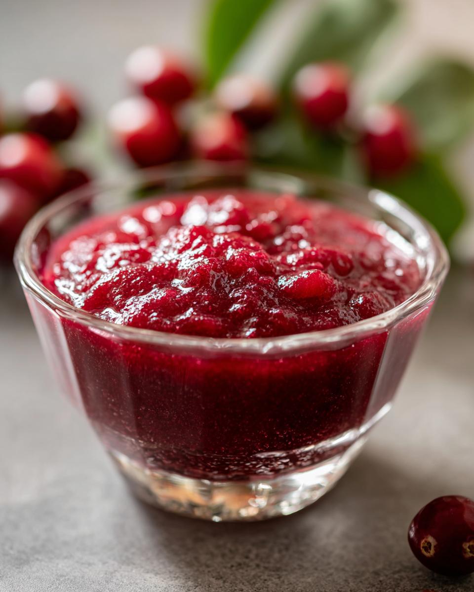 A close-up of homemade Cranberry Sauce in a clear glass bowl, garnished with fresh cranberries and leaves.