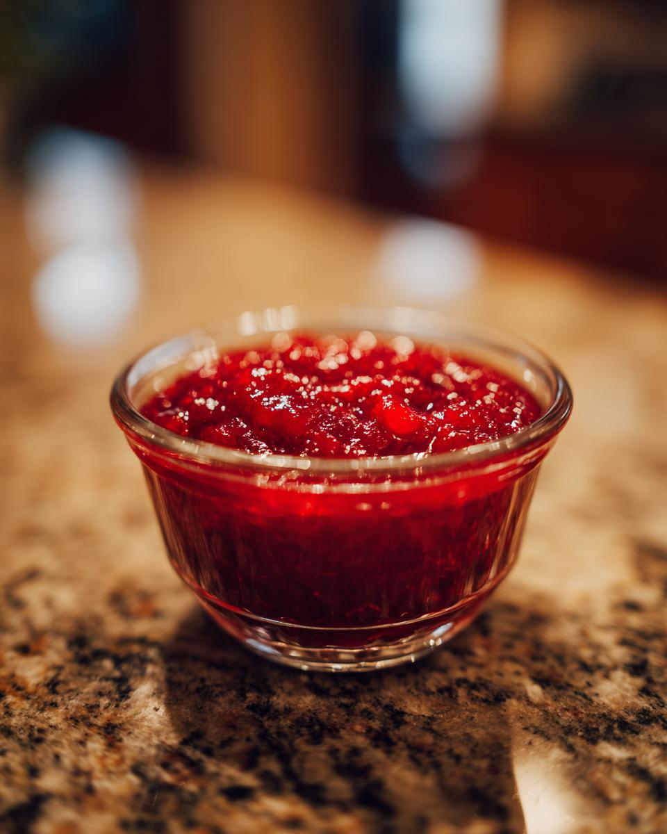 Close-up of vibrant, homemade Cranberry Sauce served in a clear glass bowl on a granite countertop.