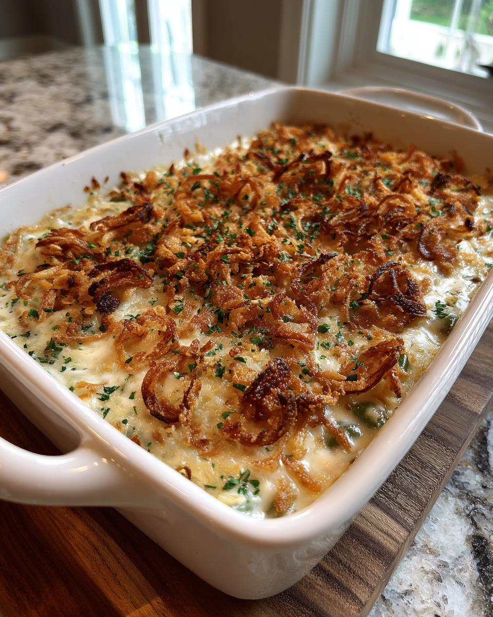A close-up of a freshly baked Homestyle Green Bean Casserole topped with crispy fried onions and chopped parsley.