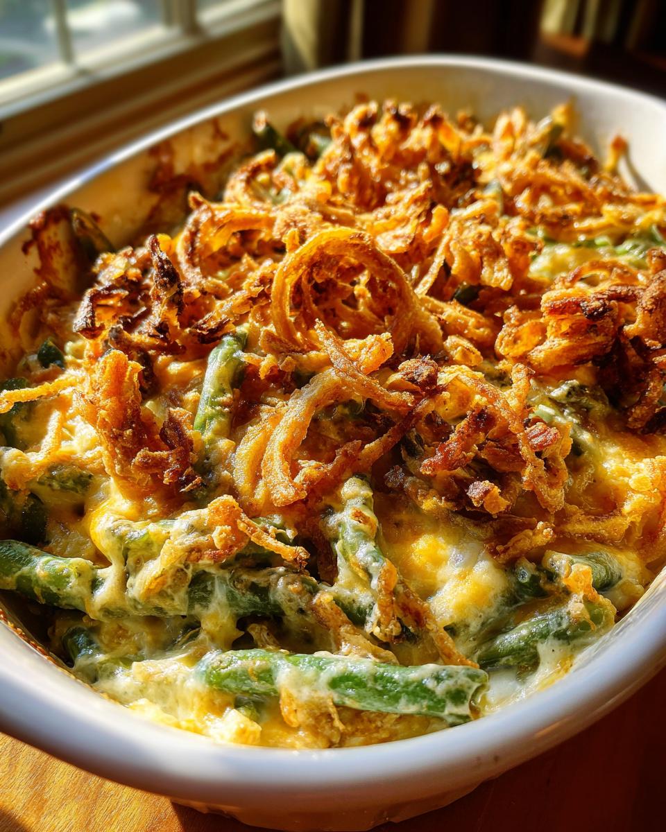 Close-up of a bubbling Homestyle Green Bean Casserole topped with golden crispy fried onions.