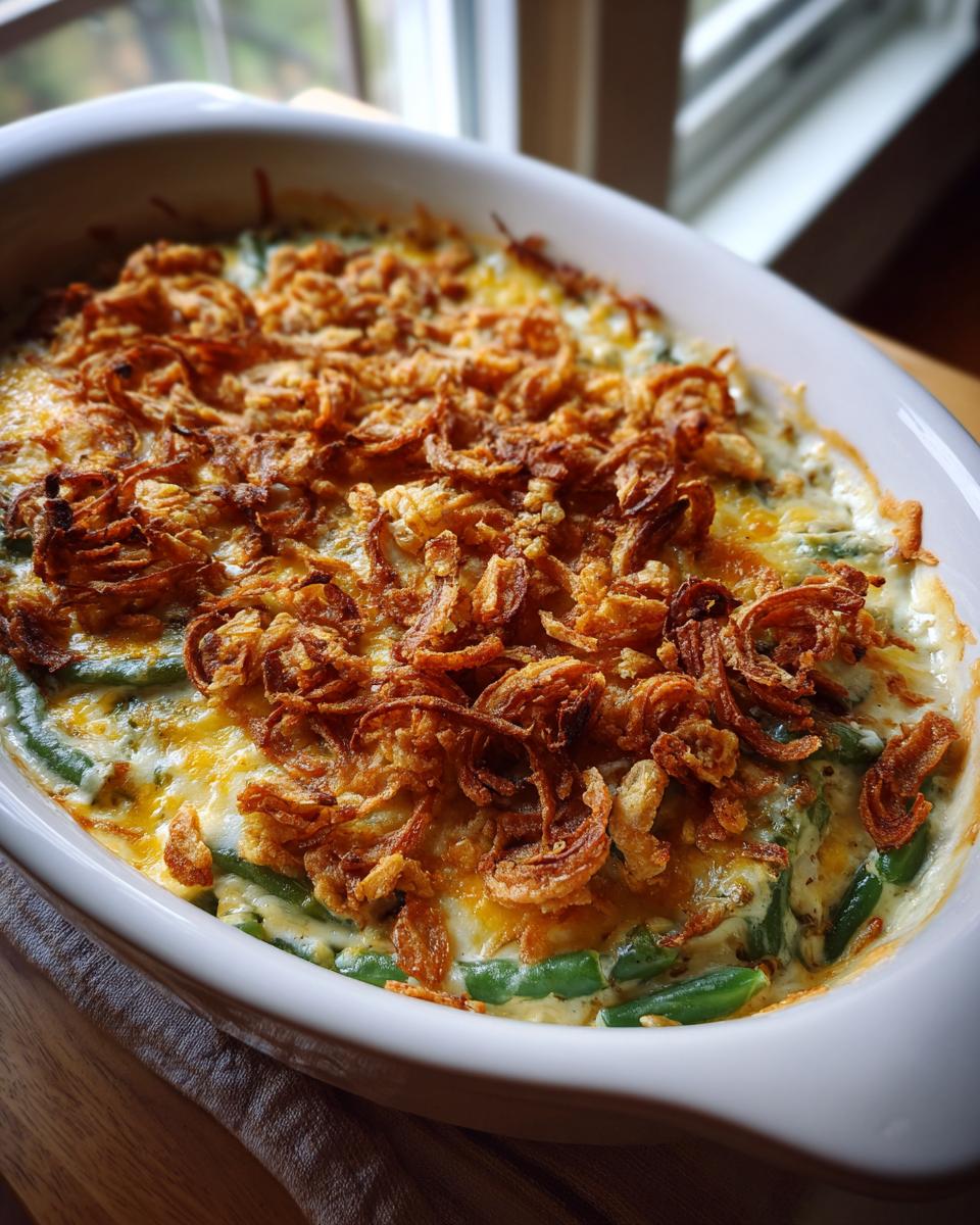 A close-up of a bubbling Homestyle Green Bean Casserole topped with melted cheese and crispy fried onions.