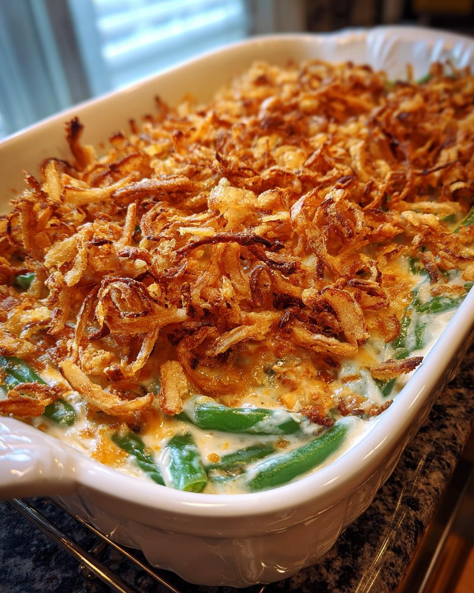A close-up of a Homestyle Green Bean Casserole in a white baking dish, topped with golden fried onions and creamy sauce.