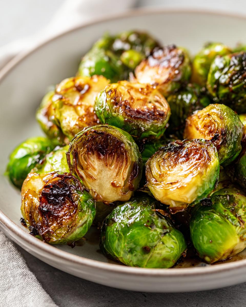 A close-up shot of glistening Honey-Glazed Brussels Sprouts in a bowl, showcasing their caramelized edges and rich glaze.