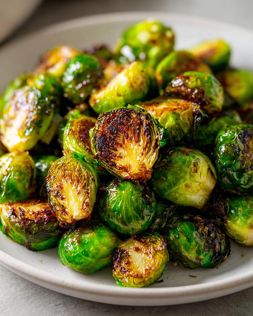 A close-up of perfectly roasted Honey-Glazed Brussels Sprouts, showing their vibrant green color and caramelized edges.