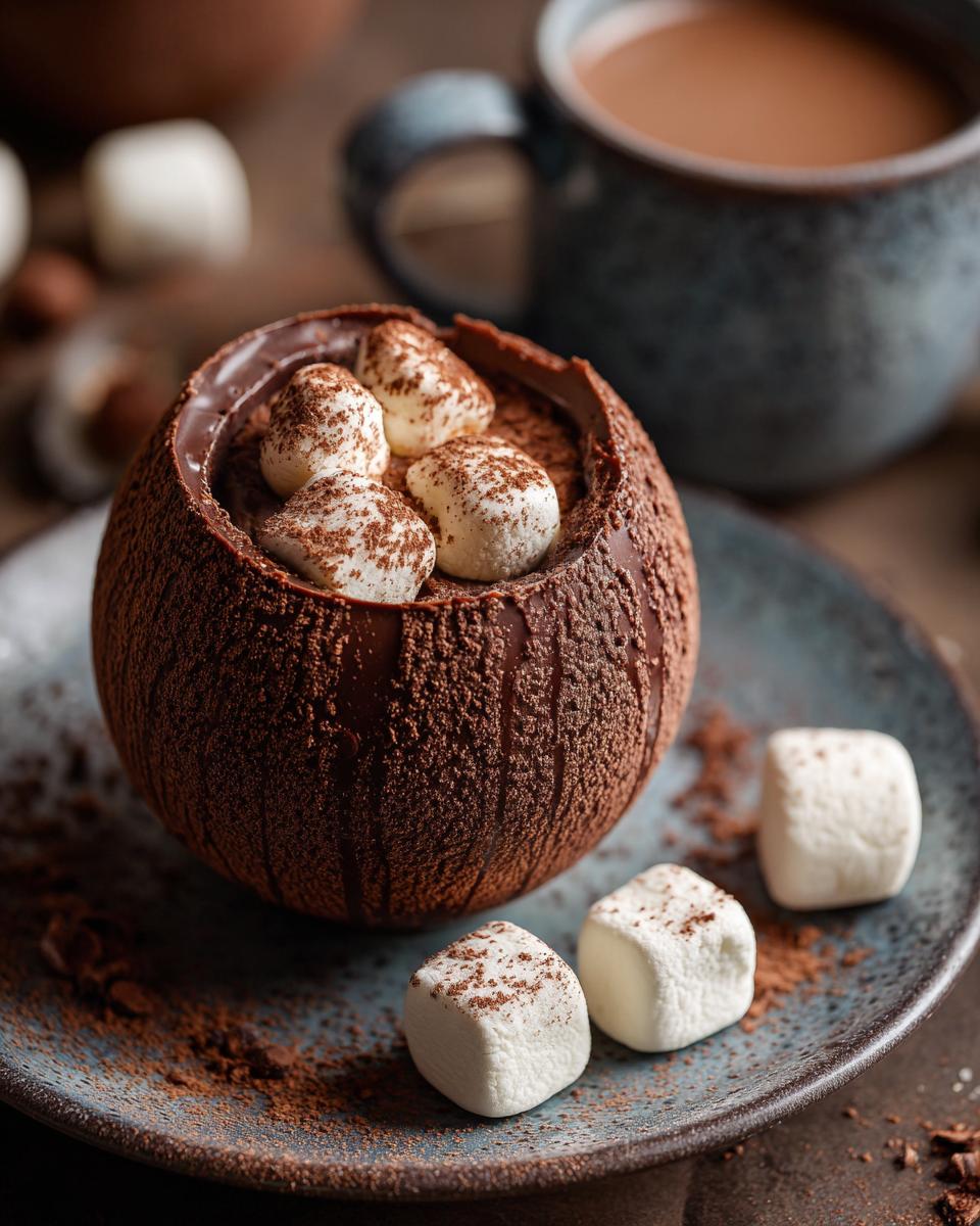A close-up of a chocolate hot chocolate bomb filled with marshmallows, dusted with cocoa powder, next to a mug of hot chocolate.