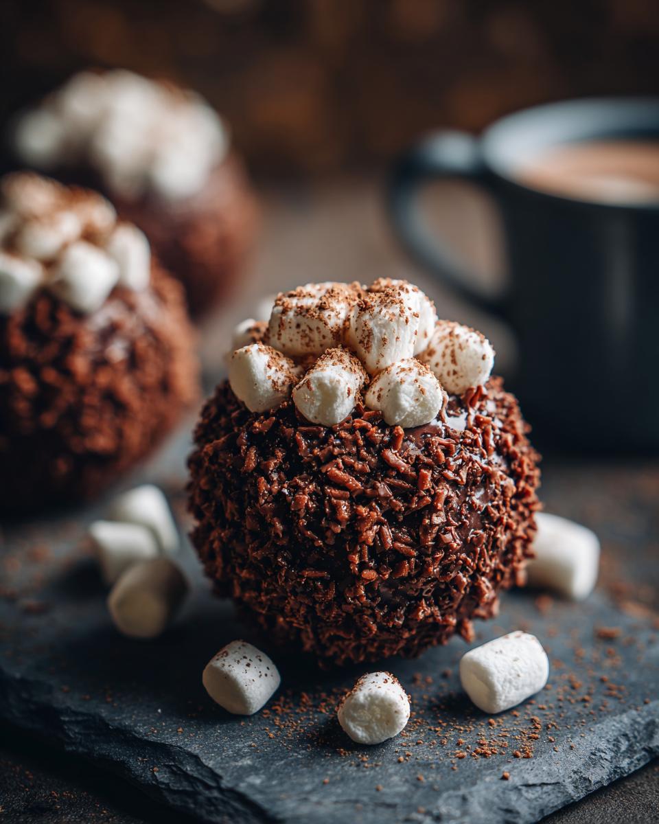 Close-up of a decadent hot chocolate bomb topped with mini marshmallows and cocoa powder, surrounded by marshmallows.