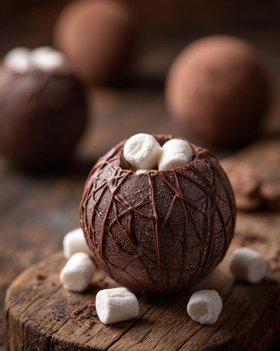 Close-up of a festive Hot Chocolate Bomb filled with marshmallows, drizzled with chocolate, and surrounded by mini marshmallows.