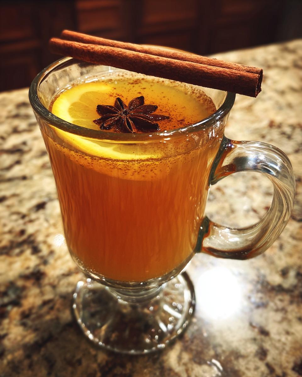 A warm and inviting Hot Toddy in a glass mug, garnished with a lemon slice, star anise, and cinnamon sticks.