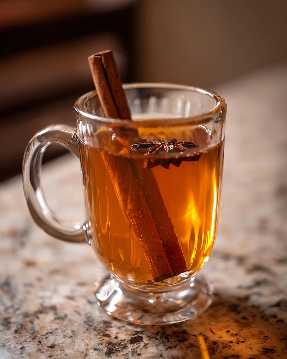 A warm and inviting Hot Toddy in a glass mug, garnished with a cinnamon stick and star anise.