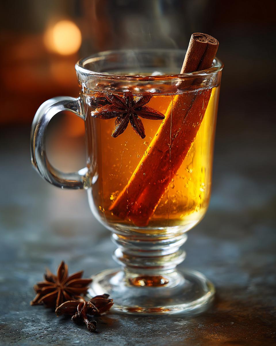 A steaming glass of Hot Toddy, garnished with a cinnamon stick and star anise, with whole star anise and cloves scattered nearby.