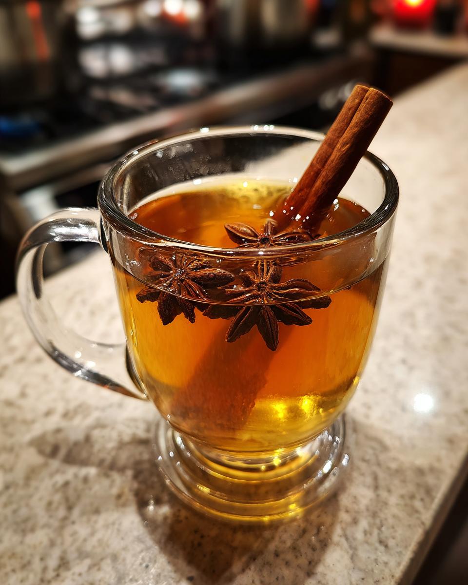 A comforting Hot Toddy in a glass mug, garnished with a cinnamon stick and star anise.