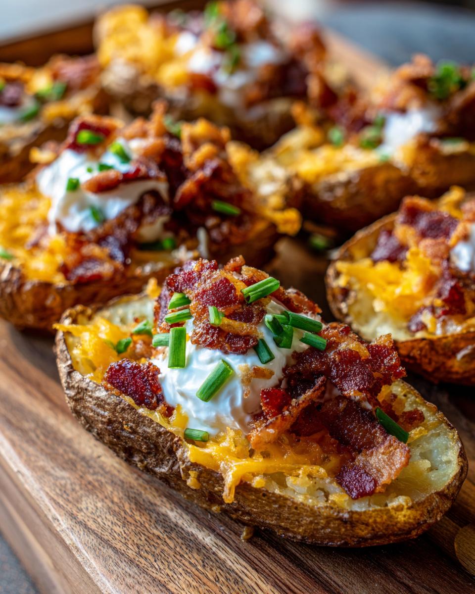 Close-up of delicious loaded potato bites topped with sour cream, crispy bacon, and chives.