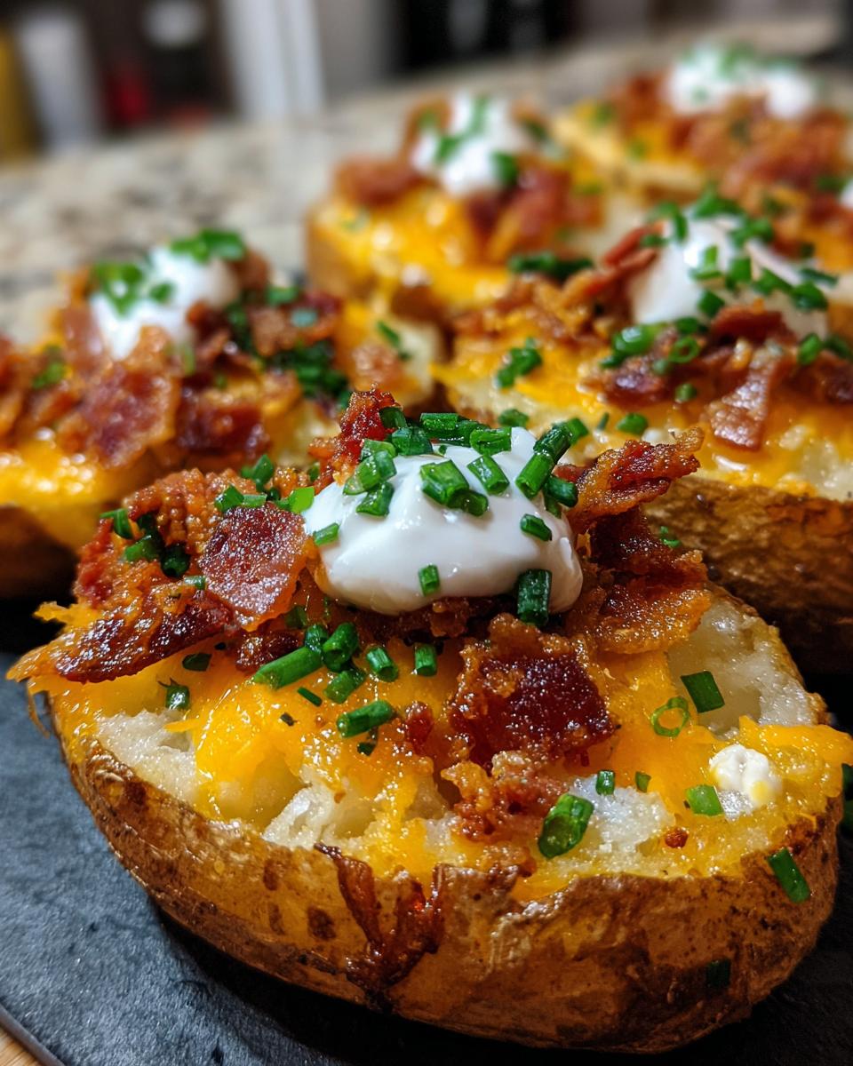 Close-up of loaded potato bites topped with melted cheddar cheese, crispy bacon, sour cream, and chives.