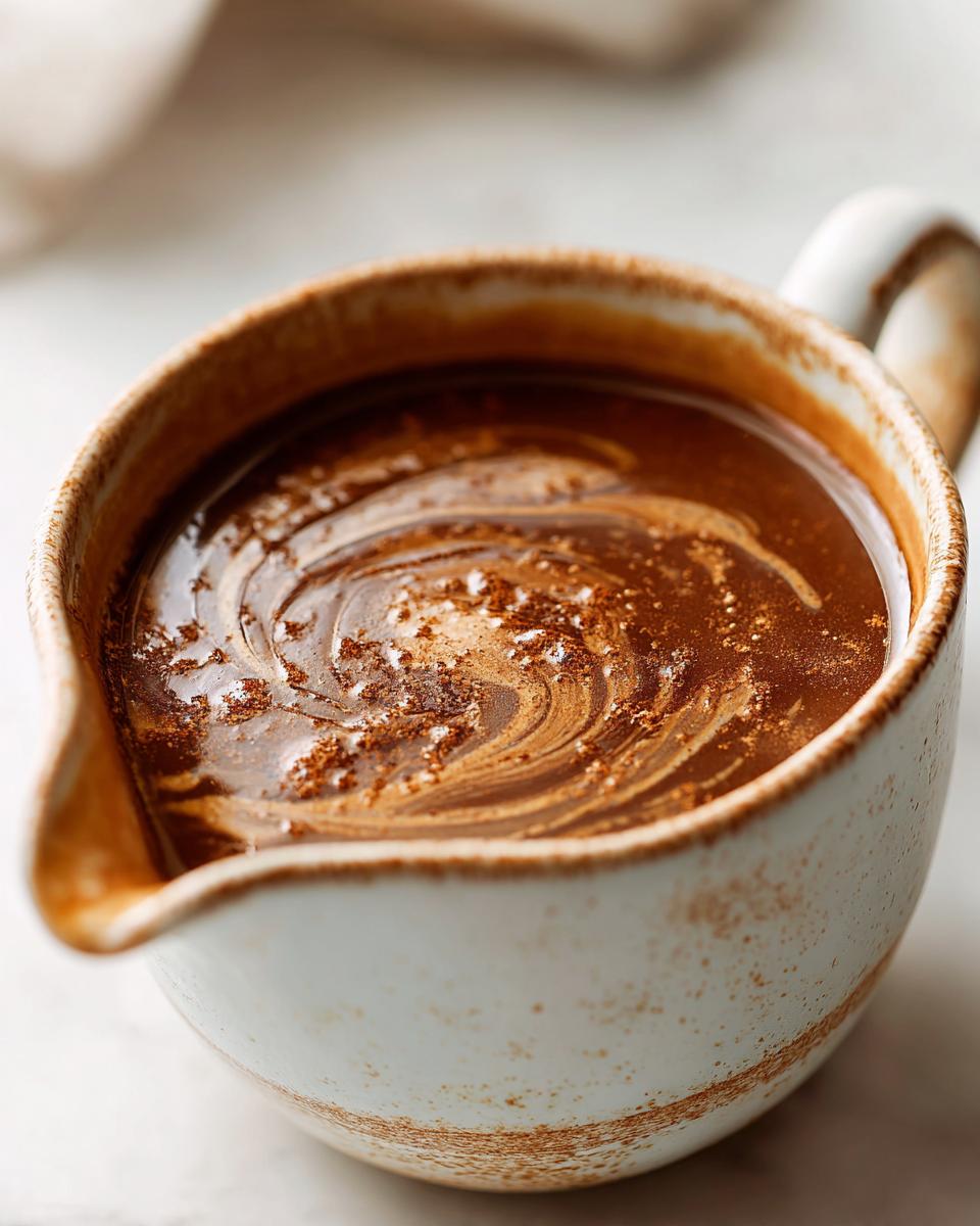 A close-up of rich, homemade Make-Ahead Thanksgiving Gravy swirling in a rustic gravy boat.