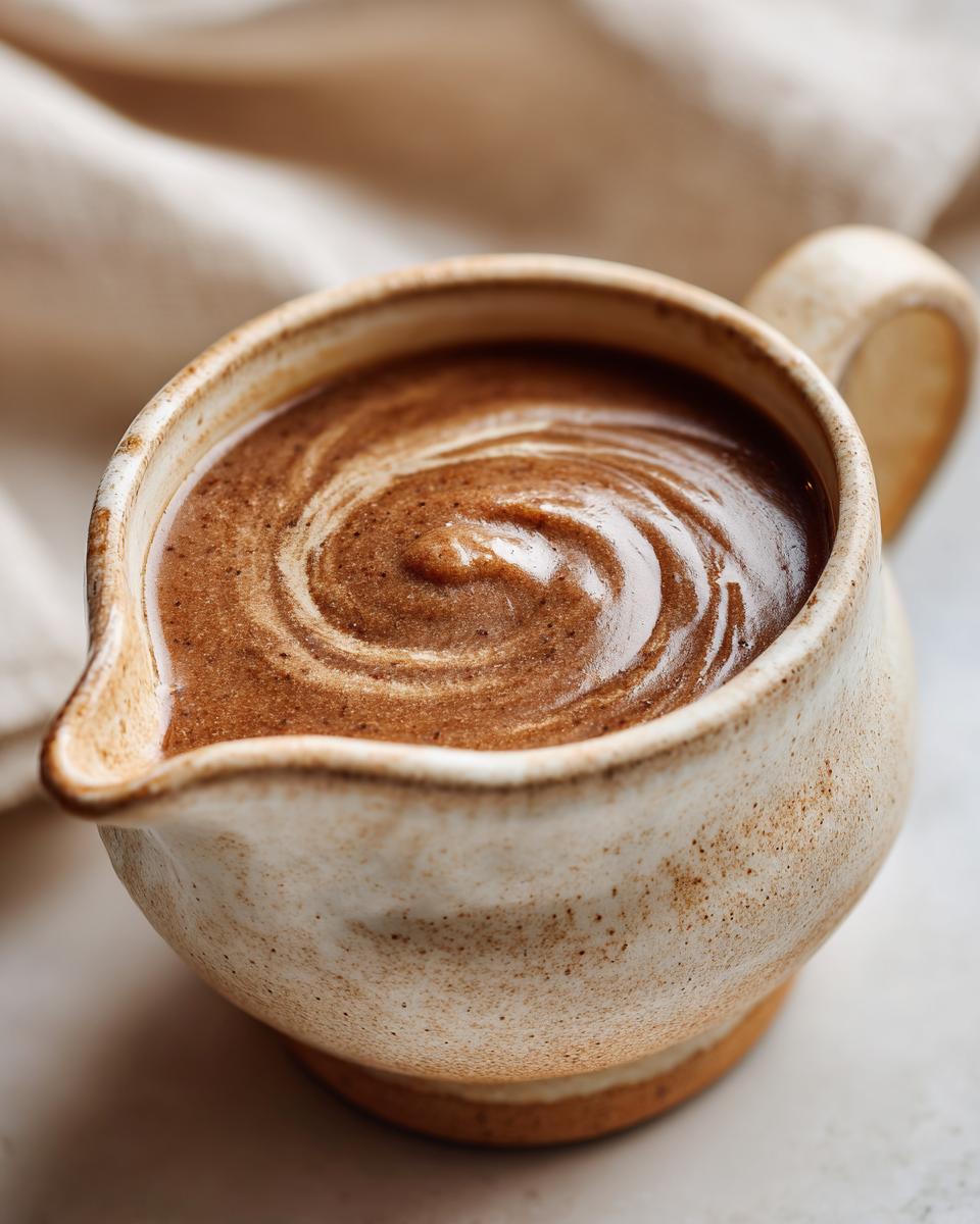 A close-up of rich, homemade Make-Ahead Thanksgiving Gravy swirling in a rustic ceramic gravy boat.
