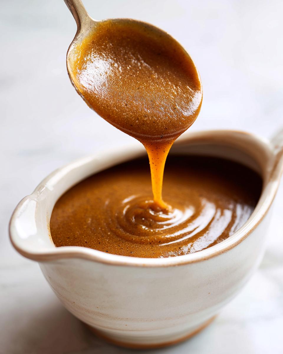 A spoonful of rich, smooth Make-Ahead Thanksgiving Gravy is poured into a rustic gravy boat.