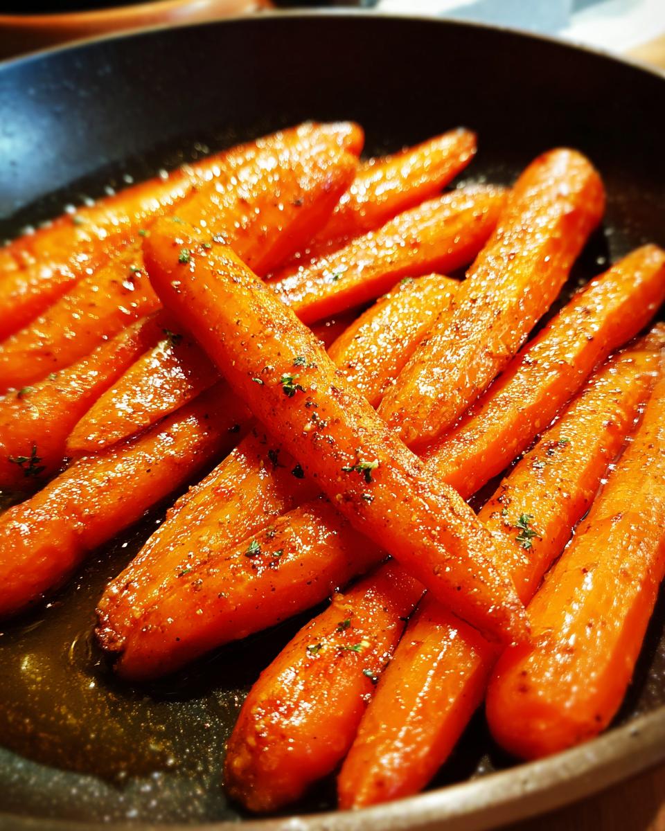 Close-up of tender Maple-Glazed Carrots with Brown Sugar Butter, glistening in a dark pan with herbs.