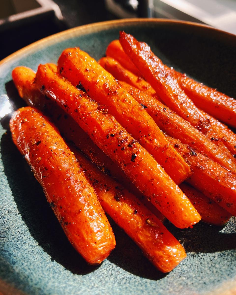 Close-up of tender Maple-Glazed Carrots with Brown Sugar Butter, glistening and seasoned with pepper.