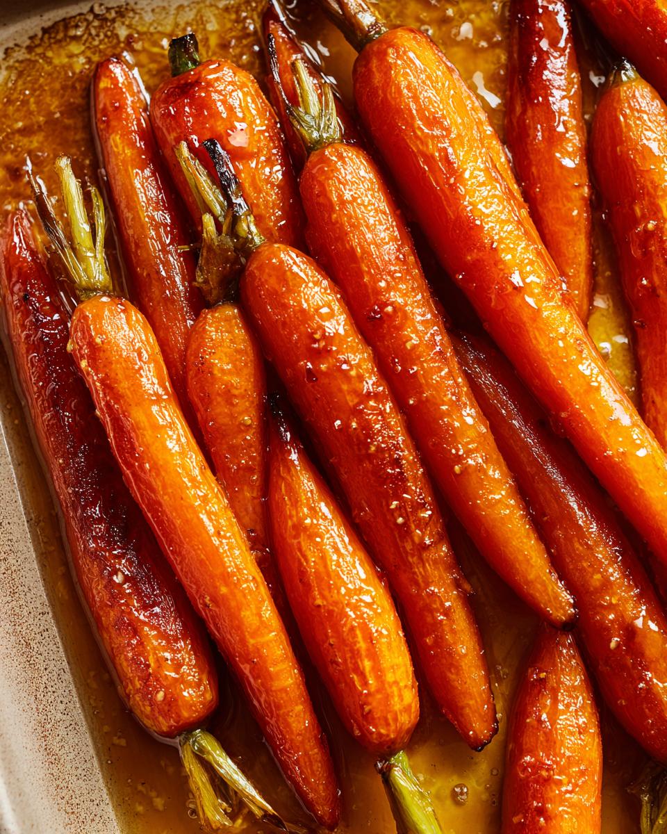 Close-up of whole Maple-Glazed Carrots with Brown Sugar Butter, glistening in a rich sauce.
