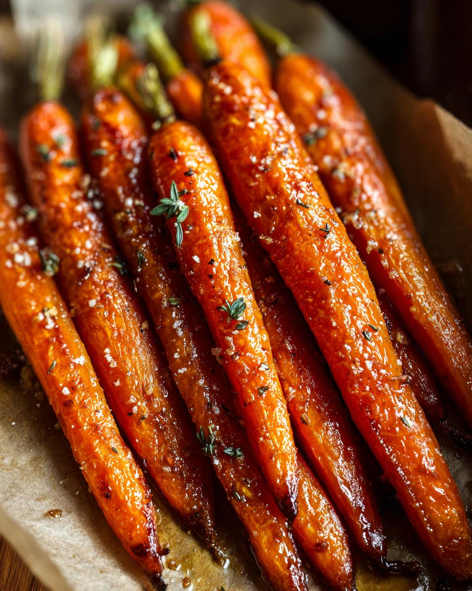 Close-up of tender Maple-Glazed Carrots with Brown Sugar Butter, glistening and sprinkled with fresh herbs and sea salt.