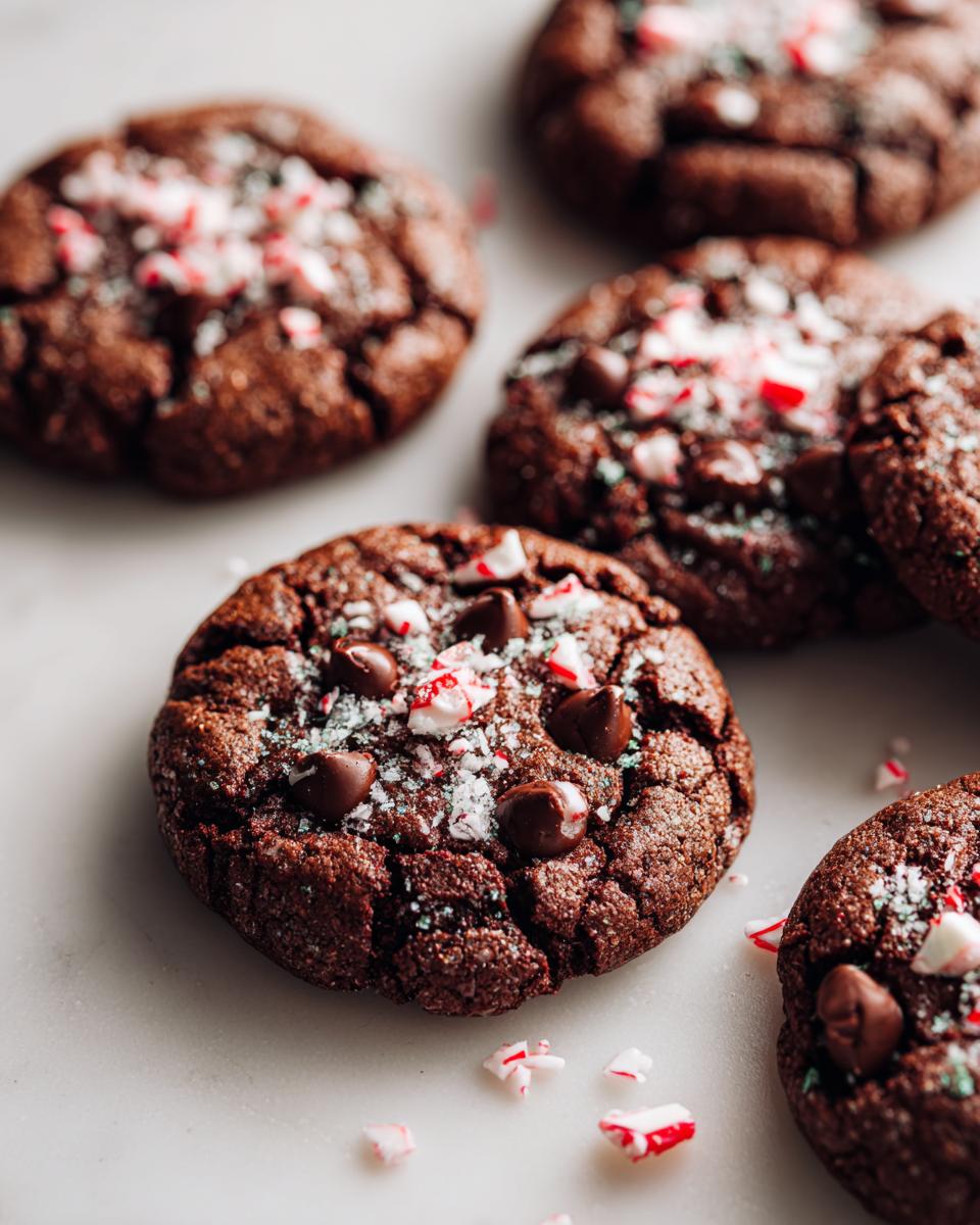 Close-up of delicious Melt-In-Your-Mouth Peppermint Chocolate Cookies topped with chocolate chips and crushed candy canes.