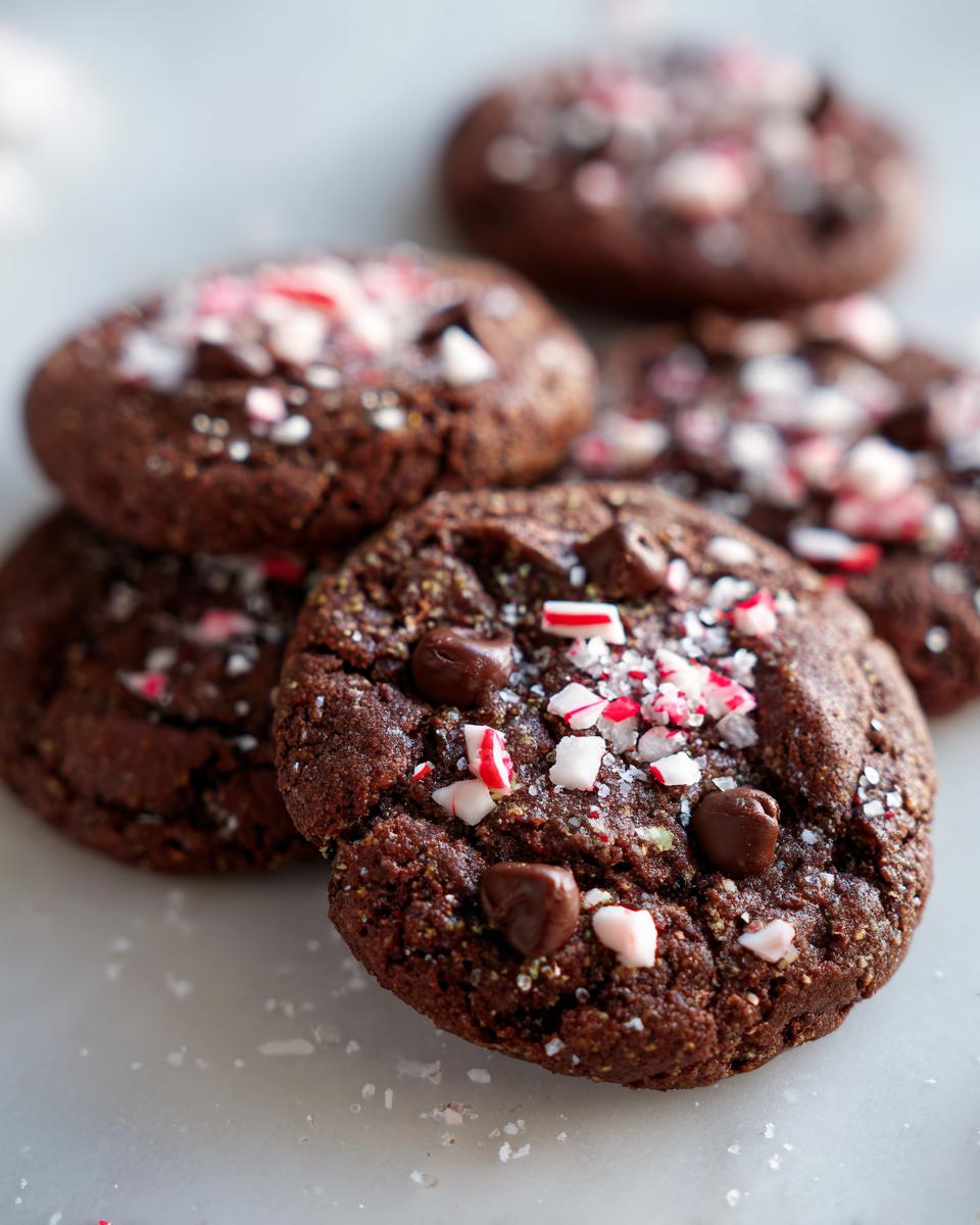 Close-up of Melt-In-Your-Mouth Peppermint Chocolate Cookies topped with crushed candy canes and chocolate chips.