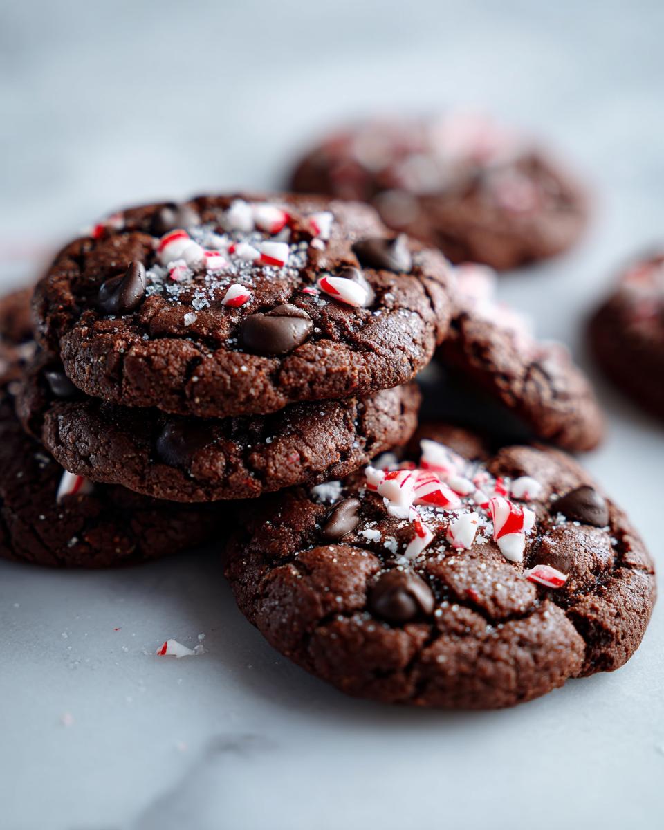 A close-up stack of Melt-In-Your-Mouth Peppermint Chocolate Cookies topped with chocolate chips and crushed candy canes.