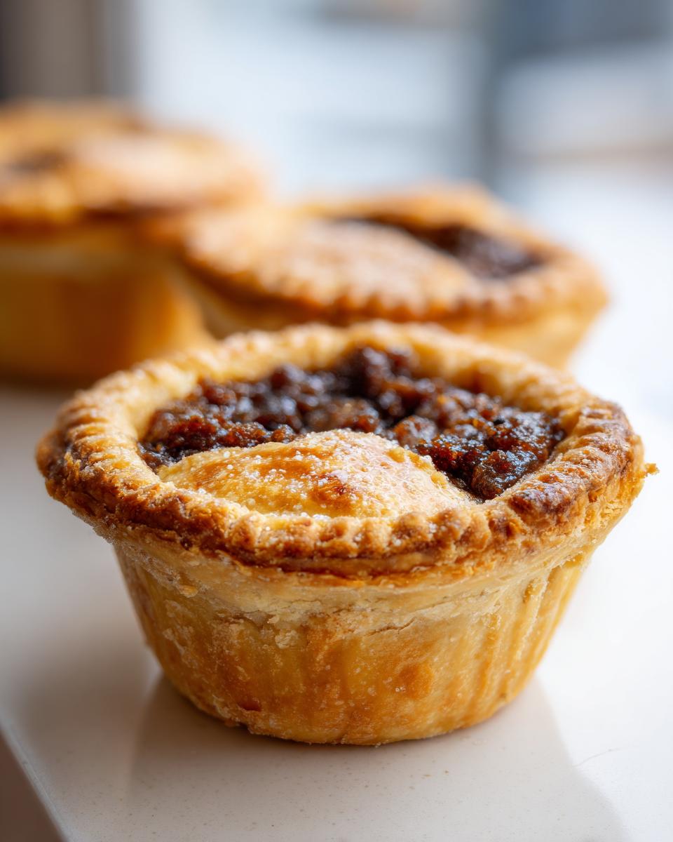 Close-up of a golden-brown Mince Pie with a rich, dark filling and a flaky pastry crust.