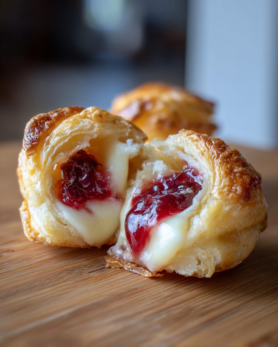A close-up of a Mini Brie & Cranberry Bite in Puff Pastry, split open to reveal melted brie and cranberry filling.